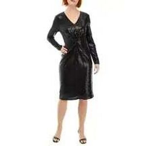 NWT $148 Black Sequin V Neck Twist Front Long Sleeve Midi Dress SZ 6